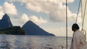 Karens watches as we approach the Pitons from the north.